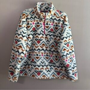 Eddie Bauer Plush Fuzzy Fleece Vanilla Aztec Print 1/4 Zip Pullover Womens XL
